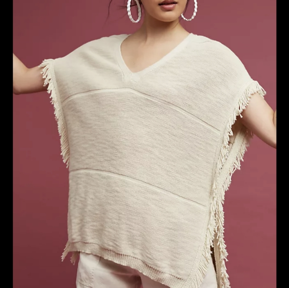 Michael Stars V-Neck Knit Fringe Poncho Sweater XS